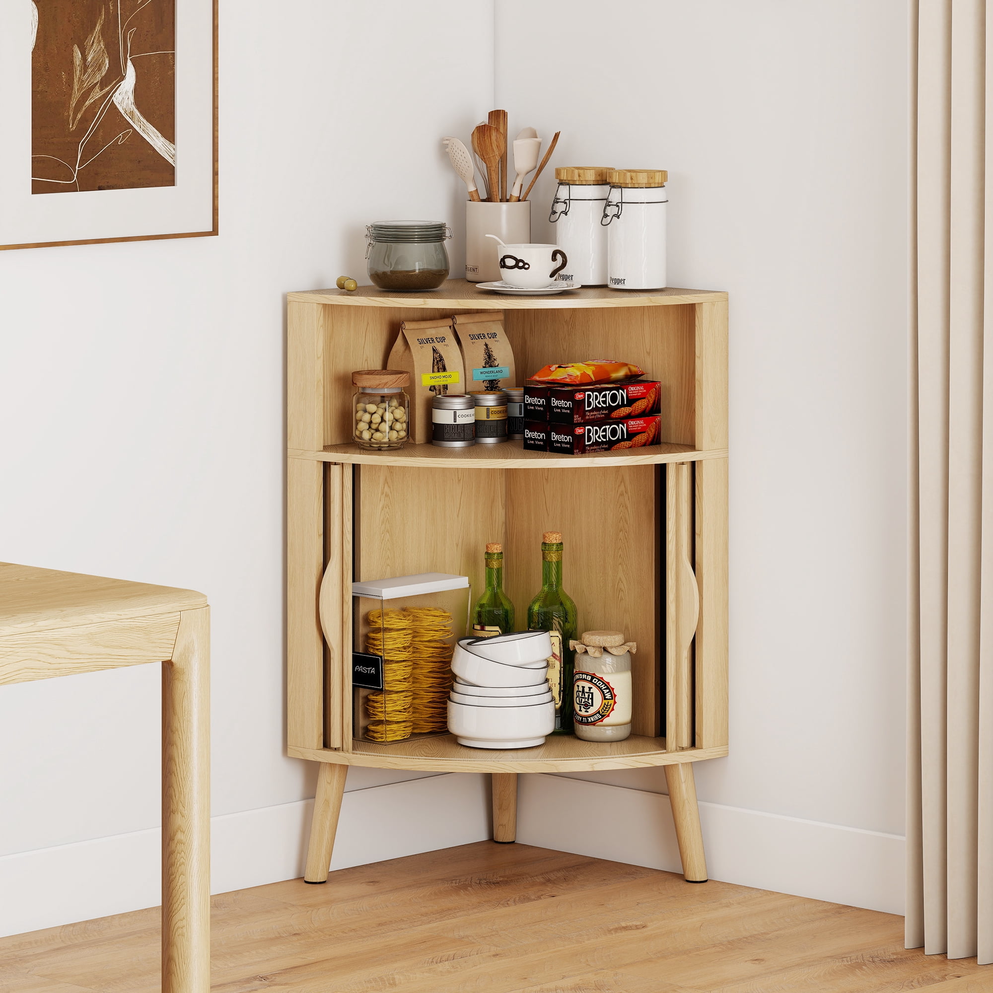 Fluted Bathroom Corner Storage Cabinet, Small Corner Floor Cabinet with Doors and Shelves, Freestanding Narrow Cabinets Organizer for Bathroom, Living Room, Kitchen, Natural