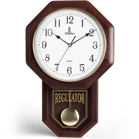 Dark Wood Regulator Pendulum Wall Clock Octagonal Wooden Frame, Quartz