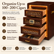 Marvero Desktop Cigar Humidor with Glass Door, 200 Count, Walnut Finish, LED Light, Digital Hygrometer, Cedar Drawers