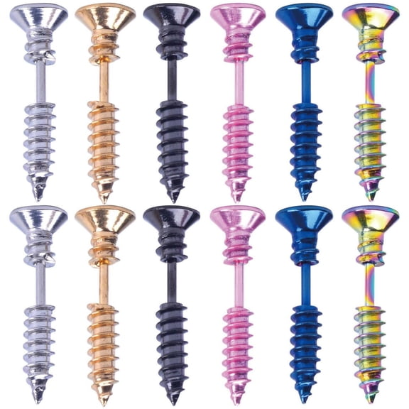 12 Pieces Screw Earrings, Stainless Steel Unisex Piercing Cross Screws Hoop Earrings Ear Stud,6 Colors