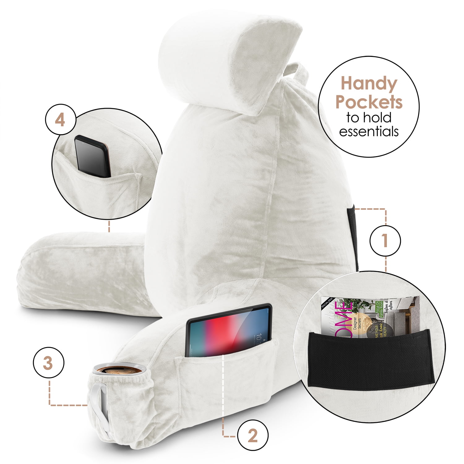 LAMMALOE Reading Pillow , Backrest Pillows with Arms, Plush Back Pillow Detachable Neck Roll, Shredded Memory Foam Bed Rest Pillow, Large, White
