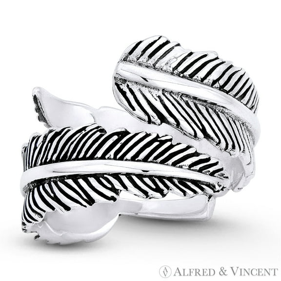 Rustic-Finish Long-Leaf Charm Bypass Wrap Ring in Oxidized .925 Sterling Silver