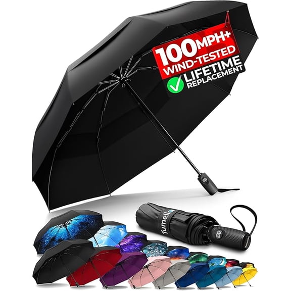 Tumella Travel Umbrella, Windproof up to 70 mph, Auto Open Close, Compact, UPF 50 , Fits Backpack