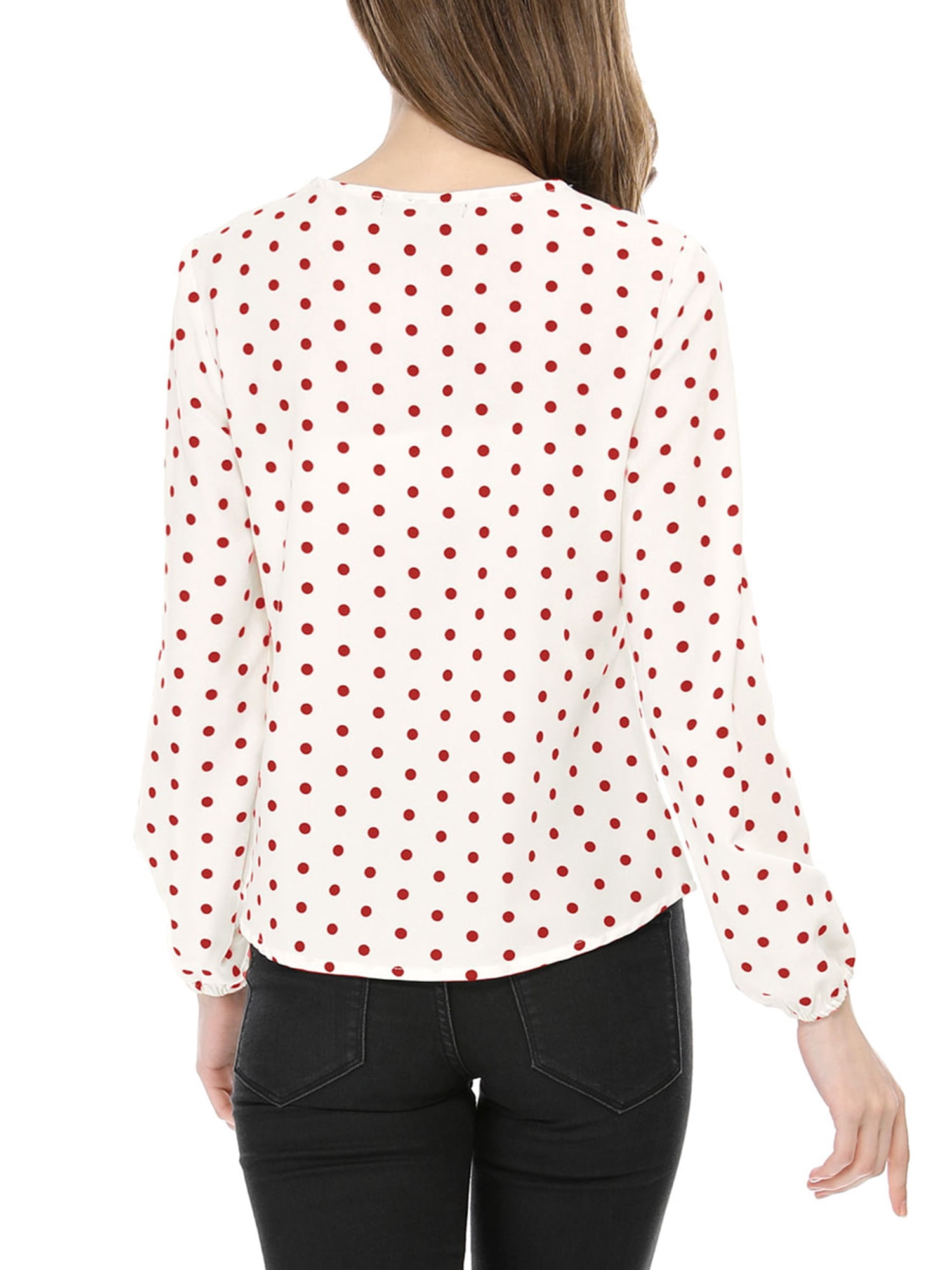 DARING DIVA Ruffle Neck Polka Dots Blouse Shirt M White Red-Dots