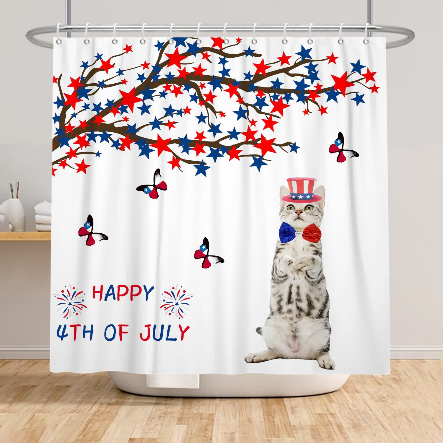 SUNOLIFE 4th of July Shower Curtain,Patriotic Independence Day Cat Fabric Bathroom Curtain with Hooks,72x72 in