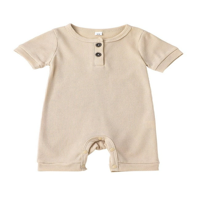 Lovely Baby Romper Short Sleeve Neck Solid Color Ribbed Buttoned Short Pants for Summer Spring Kids Clothing