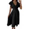 thumbnail image 1 of Femmes V Cou Élégant Robe de Soirée à Manches Courtes Robe de Skater Robes d'Invité de Mariage, 1 of 6