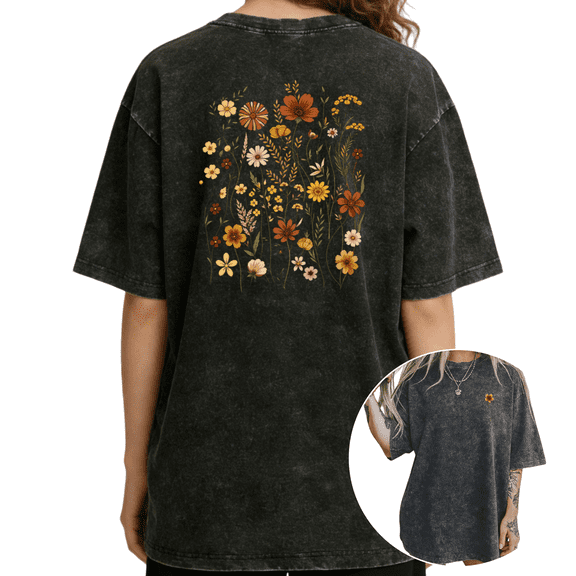 Autumn Wildflower Bouquet Floral Graphic Womens Vintage Washed Black T-Shirt S-2XL Tops