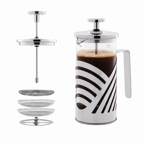 OVENTE 12 oz French Press Coffee Maker, 4-Filter System, Heat-Resistant Borosilicate Glass, Stainless Steel, BPA-Free, Portable for Travel & Camping, Silver, FSD12P