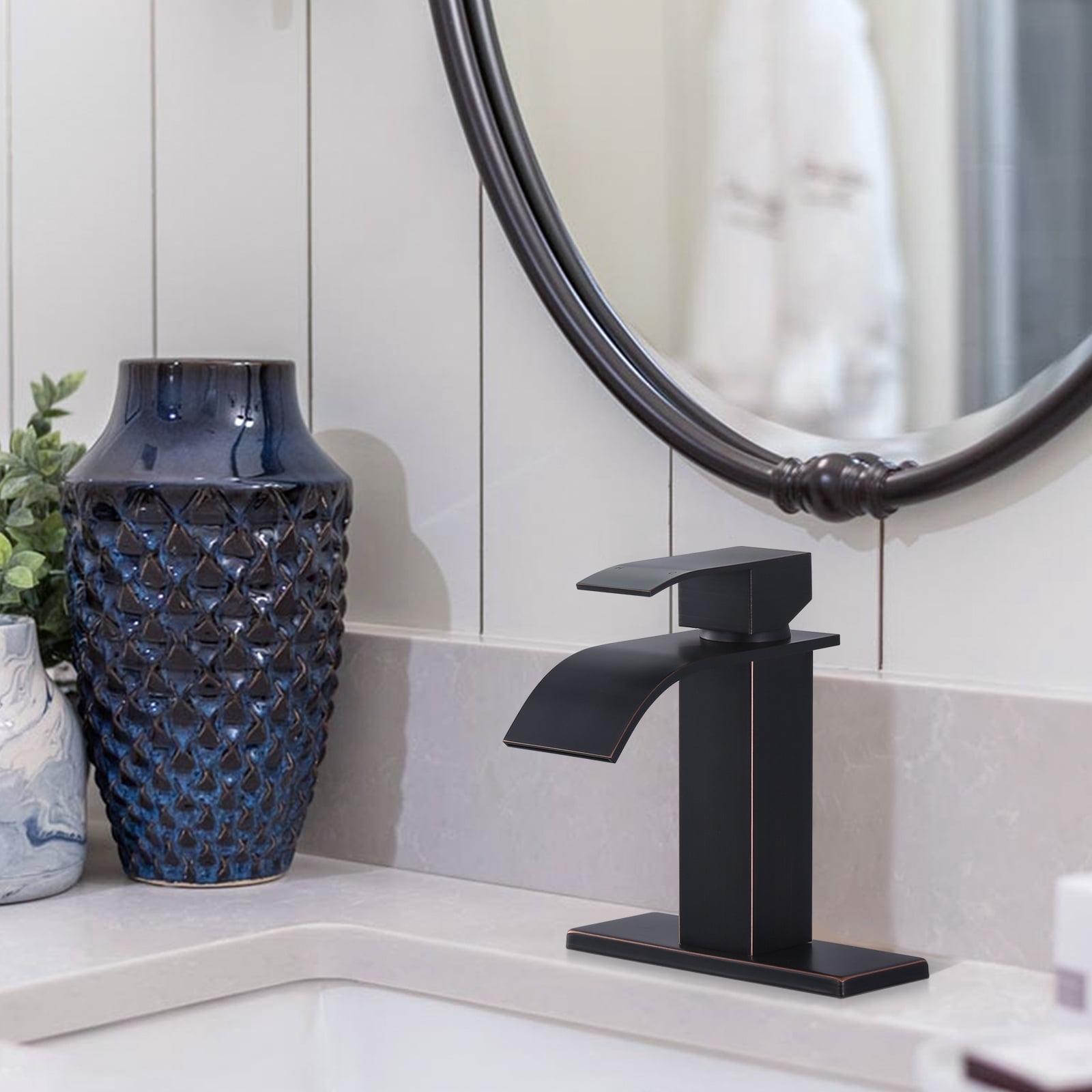 Wowow Waterfall Bathroom Faucet Oil Rubbed Bronze Faucet for Bathroom Sink Single Handle Mixer Tap Lavatory Vanity Faucet with Deck Plate and Pop Up Drain, 1 or 3 Hole