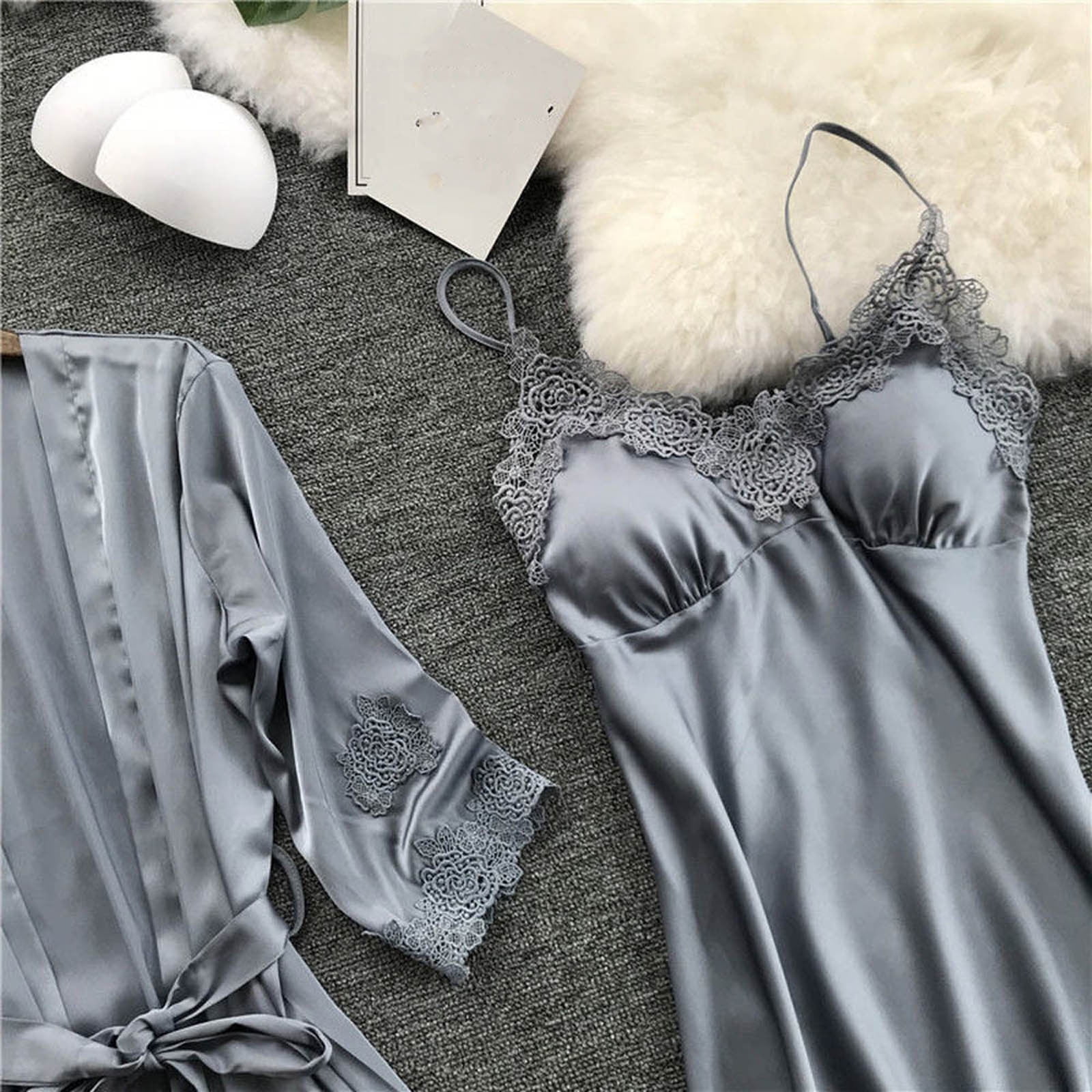 BONIXOOM Womens Pajamas Christmas Pajamas Sleepwear None Long Sleeve Sleepwear Sets Solid Gray L