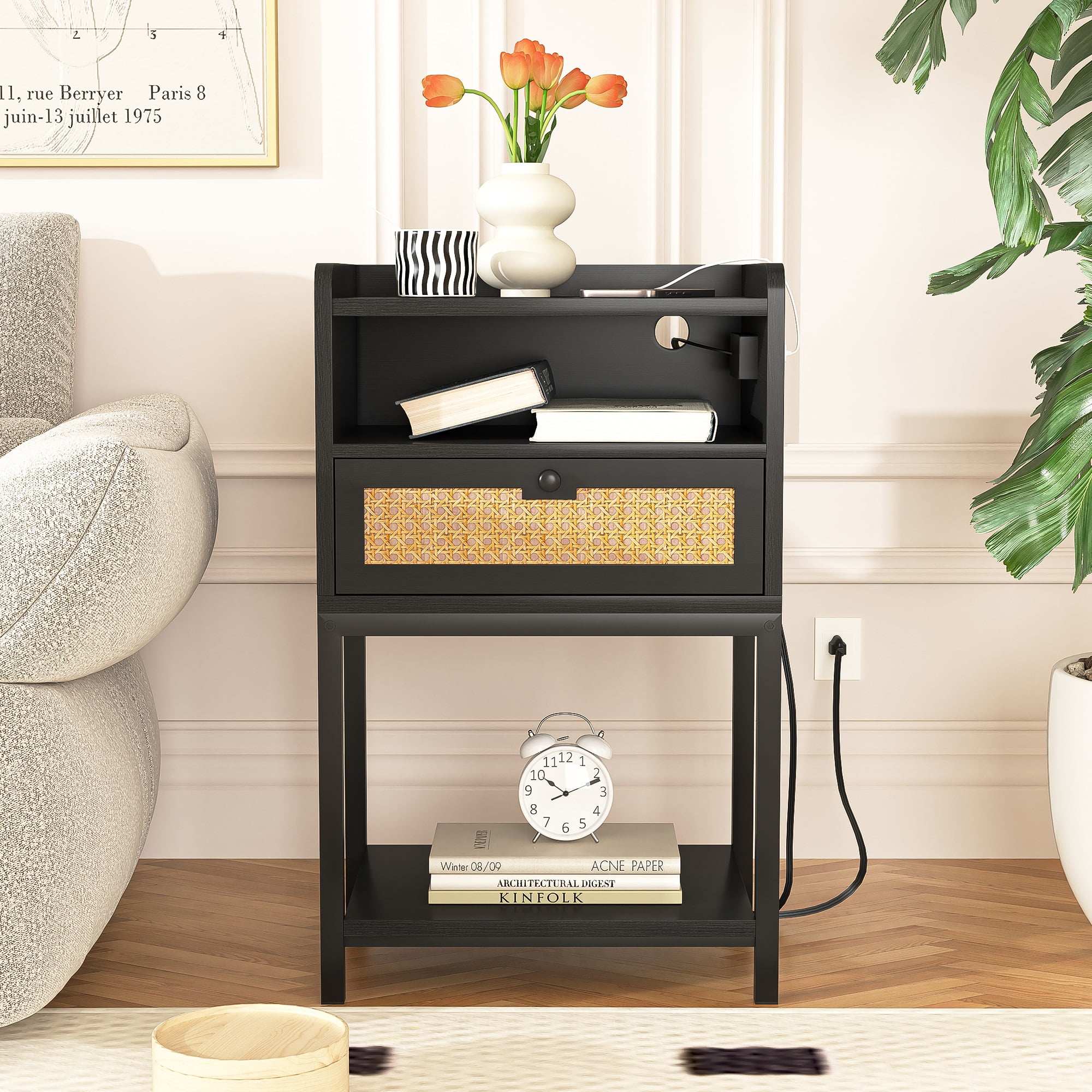 Spaco Nightstand with Charging Station Bed Side Table with Rattan Decoration Drawer Night Stand for Bedroom 3-Tier Storage End Table for Living Room, Black Spaco Nightstand with Charging Station Bed Side Table with Rattan Decoration Drawer Night Stand for Bedroom 3-Tier Storage End Table for Living Room, Black