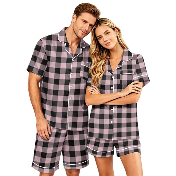 HAJWOH Classic Professional Plaid Pajamas for Men Set Short Sleeve Button Down Lightweight Lounge Set