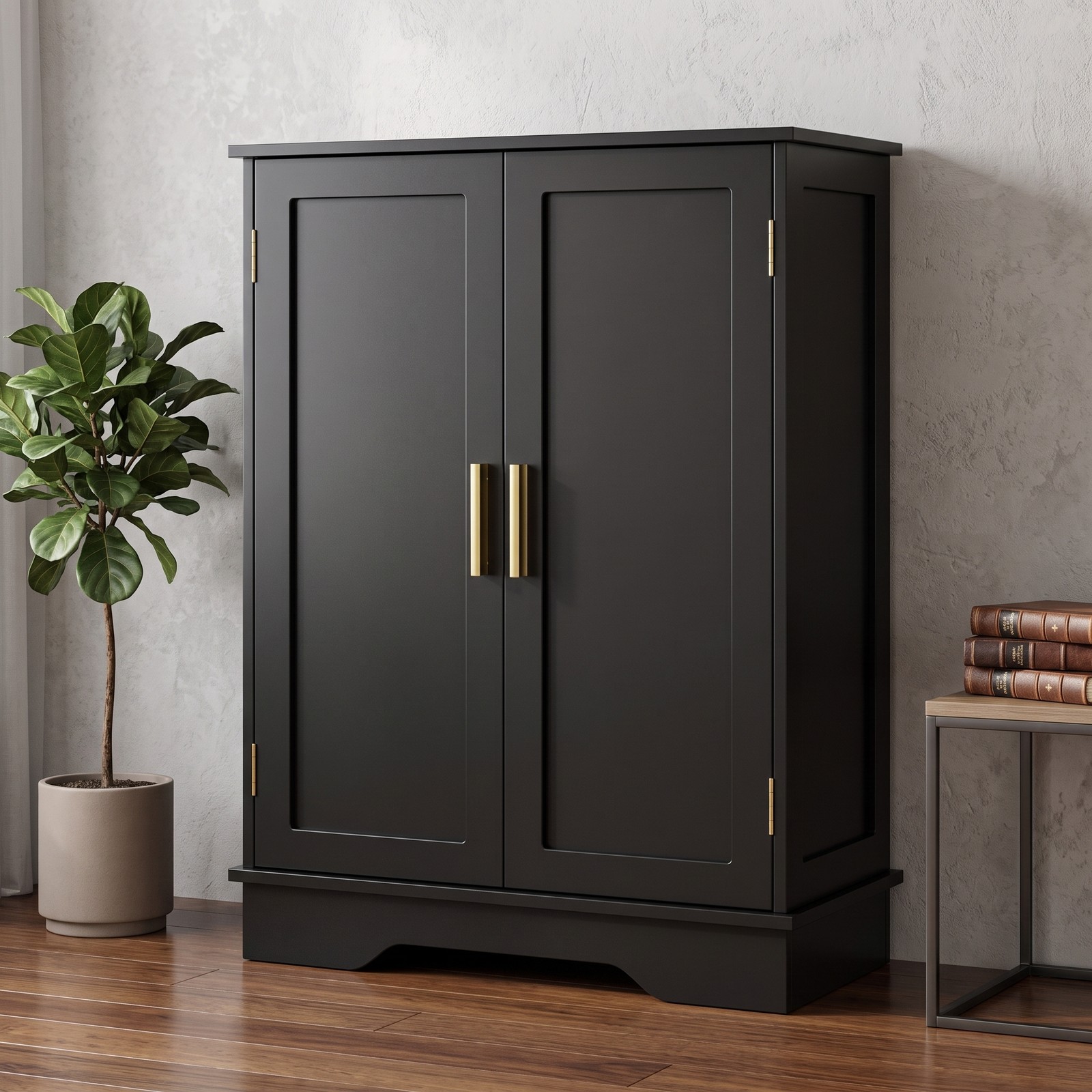Fenbeli Bathroom Floor Storage Cabinet, Freestanding 2-Door Side Cabinet with Adjustable Shelves and Countertop, Modern MDF Bathroom Organizer for Bathroom, Black