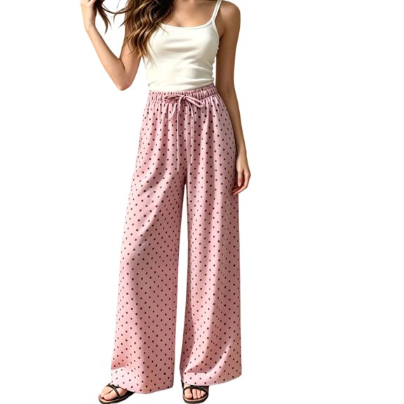 Women'S Elastic Waist Drawstring Polka Dot Print Casual Wide Leg Long Pants Pink L