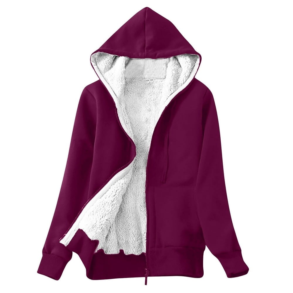 JSKUMAR Femmes Thermique Sherpa Molleton Double Manteau a Capuche a Manches Longues Zip jusqu a Kangourou Poche Solide Veste Chaude Pourpre M Walmart
