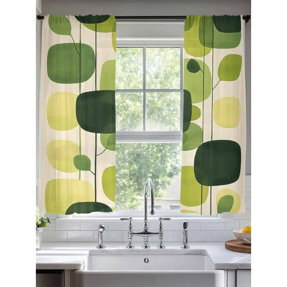 Green Geometric Sheer Curtains for Living Room Bedroom Abstract Neutral Modern Artwork Sheer Curtains 63 Inch Long 2 Panels Set Light Filtering Curtain Window Treatments Drapes for Dining Room