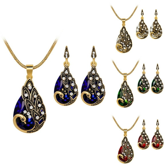 SmartBy 3Pcs Rhinestone Earrings Jewelry Fake Gemstone Peacock Pendant Fashion Necklace