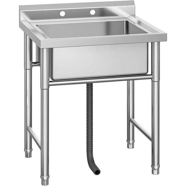 Commercial Stainless Steel Freestanding Utility Sink Single Bowl Heavy-Duty for Garage Laundry Kitchen Restaurant Easy Clean Anti-Splash Adjustable Legs