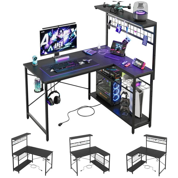 Bestier Bureau de Jeu en L 42 avec Prises de Courant, Bureau d'Ordinateur avec Lumières DEL, Étagères Réglables à 4 Niveaux avec Crochets, Porte-Gobelet, Fibre de Carbone Noire