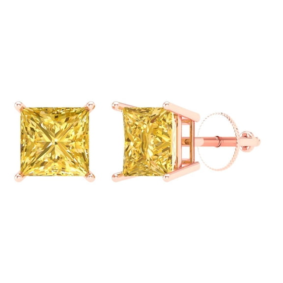 2 ct Screw-Back Stud Earrings for Women | 5.5mm Princess Cut Natural Citrine | 18K Rose Gold