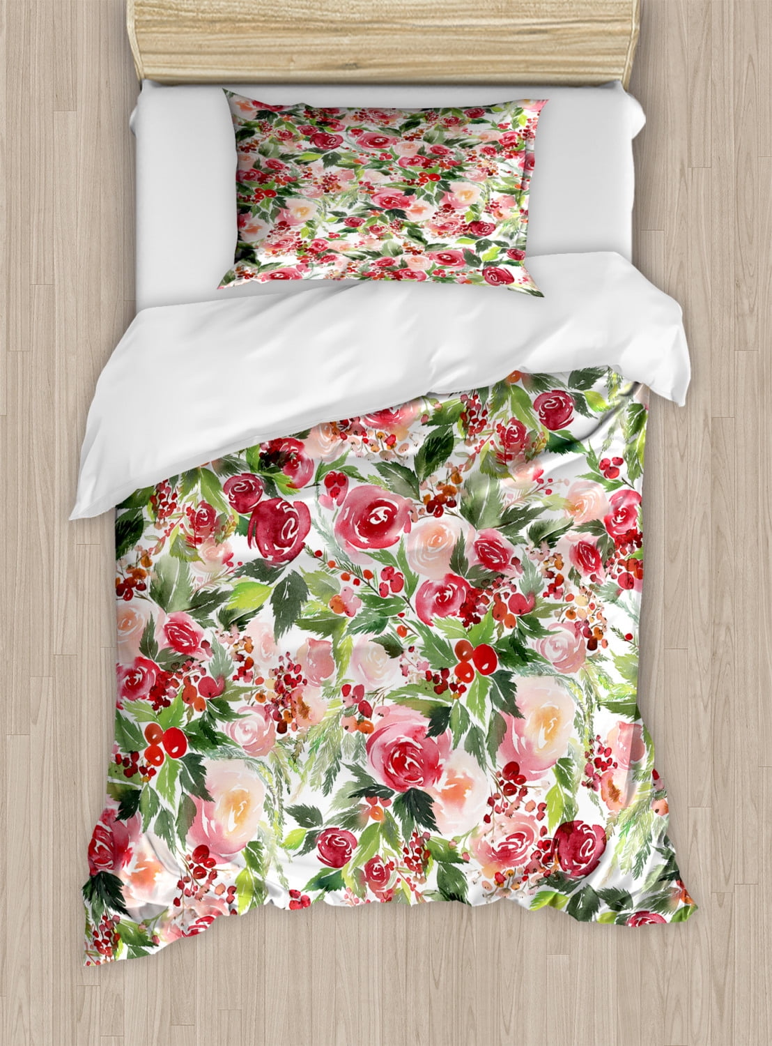 Floral Duvet Cover Set Twin Size, Delicate Vibrant Colors Roses Bouquet