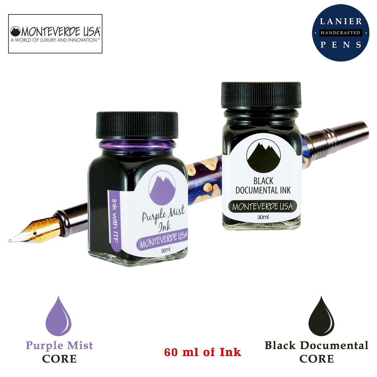 Monteverde 60ml Core Fountain Pen Ink Bottle (30ml Purple Mist Ink Bottle G309PM, 30ml Black Documental Ink Bottle G309DB)