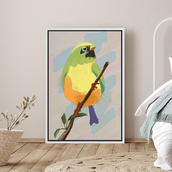 PixonSign Framed Canvas Wall Art Green and Yellow Finch Bird Portrait Print Animals Wildlife Digital Art Modern Art Rustic Wall Decor for Living Room, Bedroom, Office - 16"x24" White