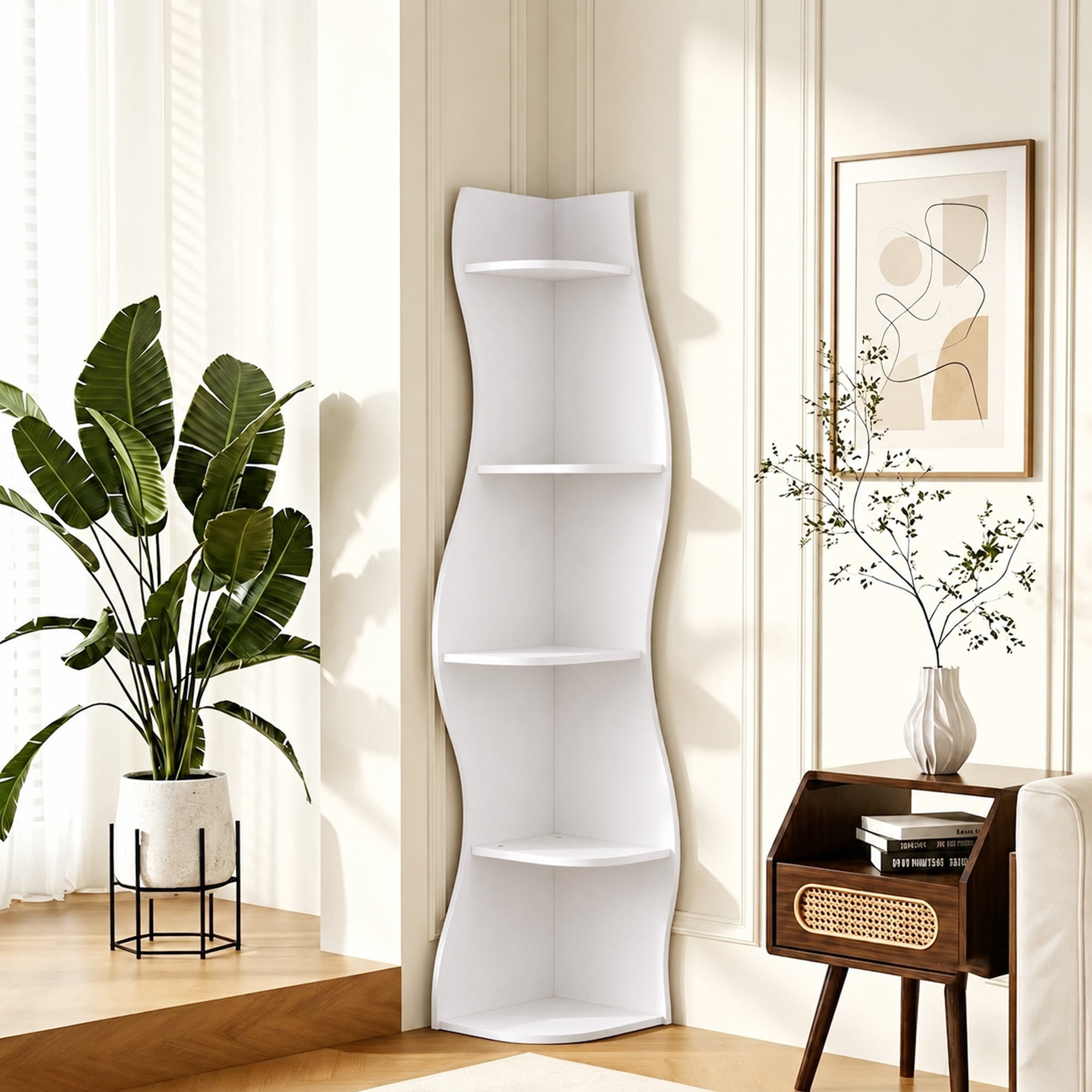 Leumius 5-Tier Bookshelf,Freestanding S-Shaped Corner Shelf Curved Display Rack,Space-Saving Corner Display Bookshelf/Plant Stand for Living Room Home Office,White