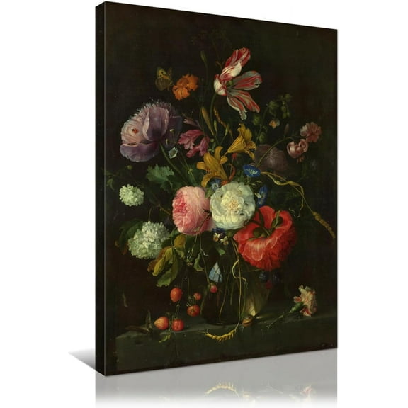 Framed Canvas Wall Art Painting Print Vintage Flower Wall Decor Small Insects Surround Blooming Flowers in Vase Rustic Artwork for Living Room Bedroom Kitchen Decoration 12x16in