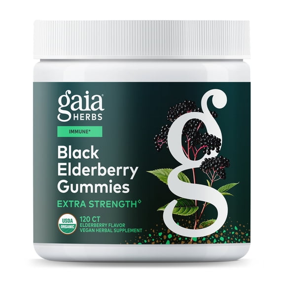 Gaia Herbs Black Elderberry (Sambucus nigra) Extra Strength Gummies - Delicious Immune Support Supplement* - Certified Organic Black Elderberries for Immune System Support* -120 Gummies (60 Servings)