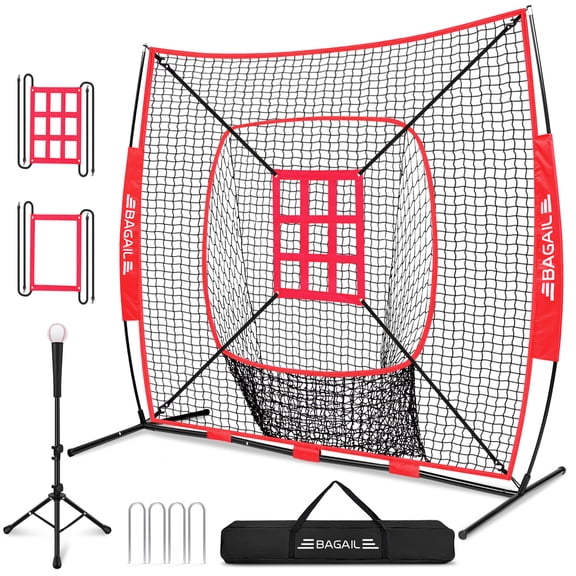 BAGAIL 7x7 ft Baseball & Softball Training Net Includes Batting Tee & 2 Strike Zones, Heavy Duty Frame, Durable 7-Ply Mesh, Large Target For All Level, Quick 2-Min Setup