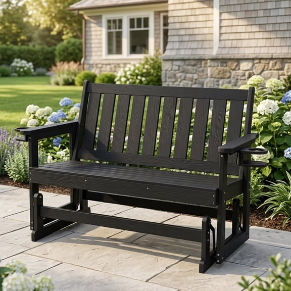 Mosbrisa Poly Lumber Patio Glider, HIPS Material Weather-Resistant Swing Bench for Outdoor Porch Garden (Black, 2-Seater)