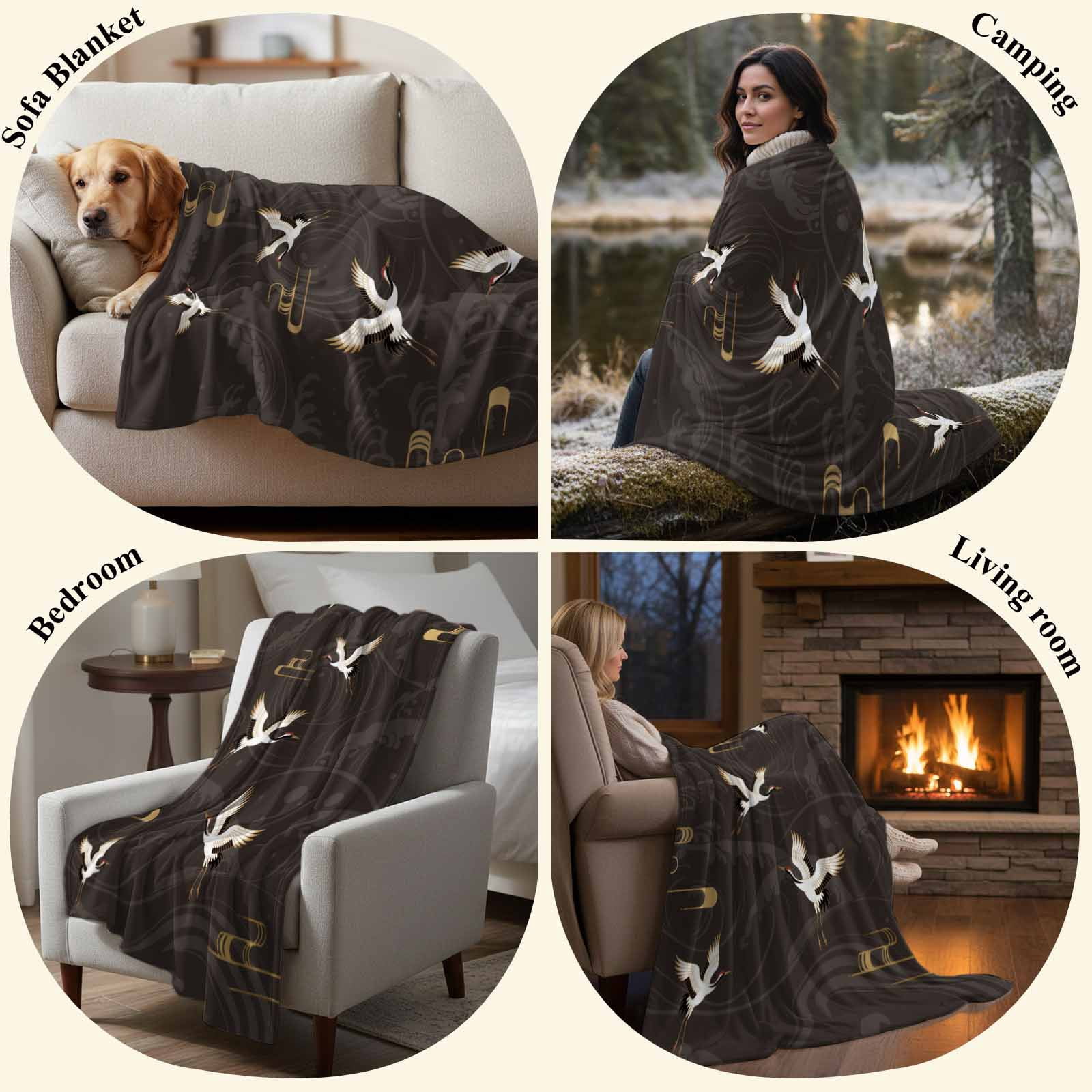 Japanese Style Blanket Soft Cozy Warm Throw Blanket for Couch, Plush Fuzzy Flannel Fleece Blankets for Sofa, Vintage Cranes Ocean Wave Black Grey Bed Blankets Lightweight Gifts for Women, 32"x48"