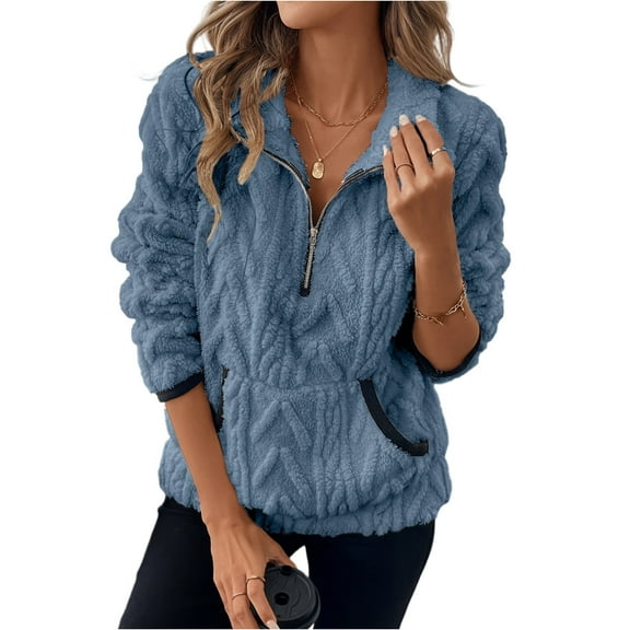 Women's Lapel Warm Fuzzy Fleece Quarter Zip Pullover Long Sleeve Sweaters Casual Plus Size Basic Blouses Tops With Pockets