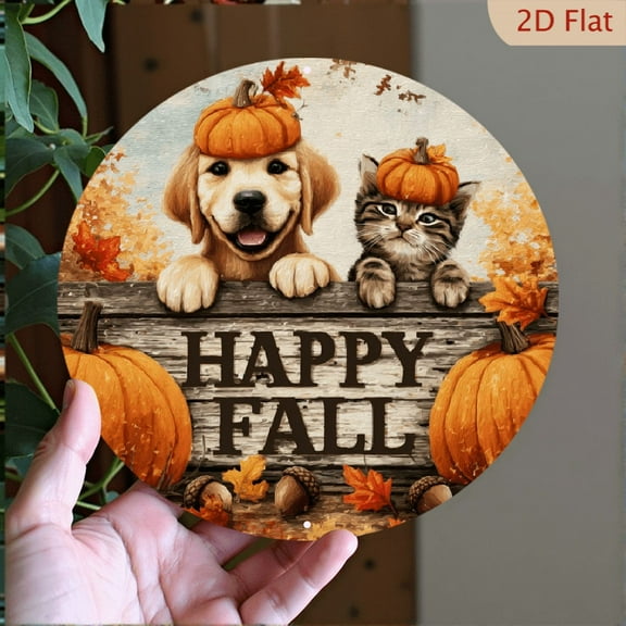 2D Flat, 2D Flat - 1pc 7.87x7.87inch Aluminum Happy Fall Garden Decor Sign - 1pc, Inch Round Plaque with Pumpkin, Dog Cat Design, Outdoor Autumn Thanksgiving Decoration, 2D Flat