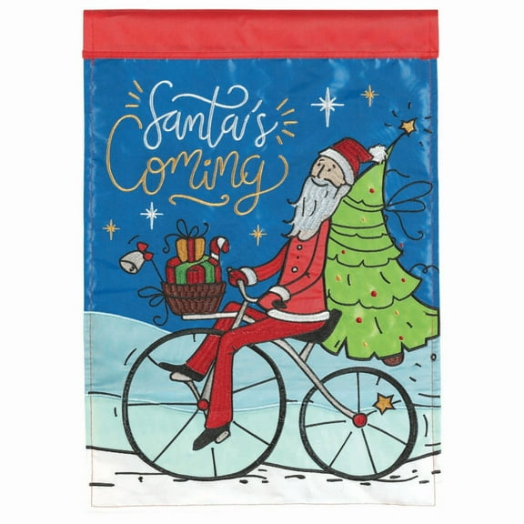 Santa's Coming Holiday Red and Blue 13 X 19 Polyester Outdoor Hanging Garden Flag