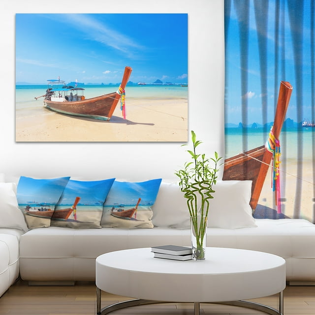 Tropical Beach with Boat - Seashore Photo Canvas Art Print