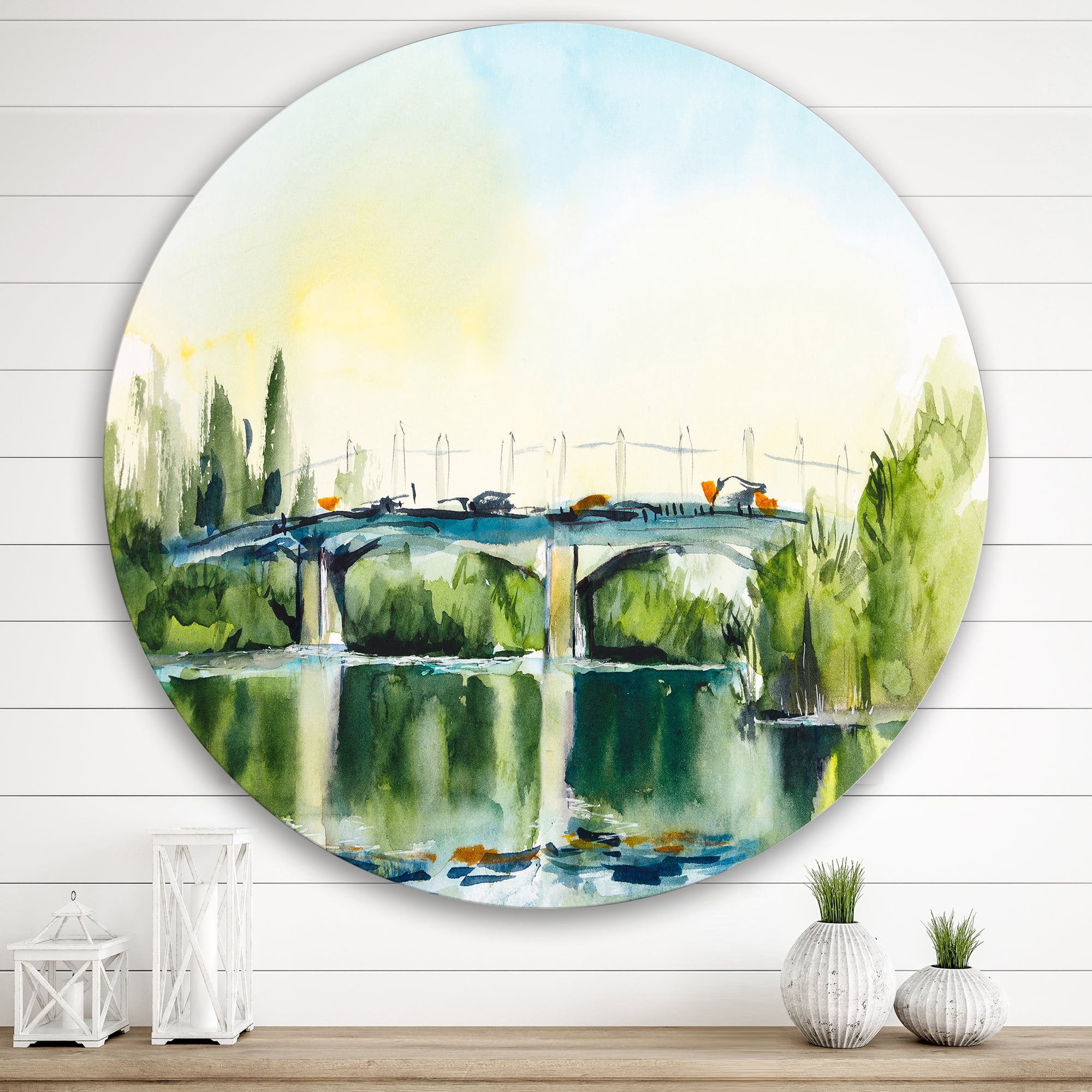 Designart 'Landscape With Old Bridge Over River In The Countryside' Traditional Circle Metal Wall Art 29x29 - Disc of 29