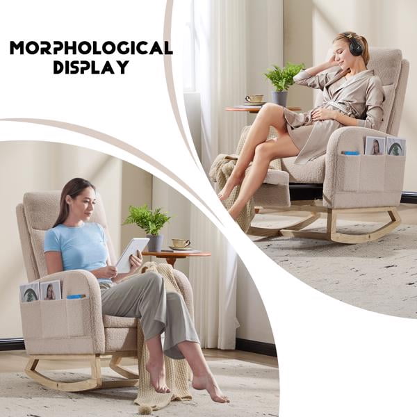 Modern Accent Rocking Chair Rocking Chair with Solid Wood Legs, Upholstered Nursery Glider Rocker, Comfy Armchair with Side Pocket, Living Room Lounge Arm Chair with High Backrest (Beige,teddy)