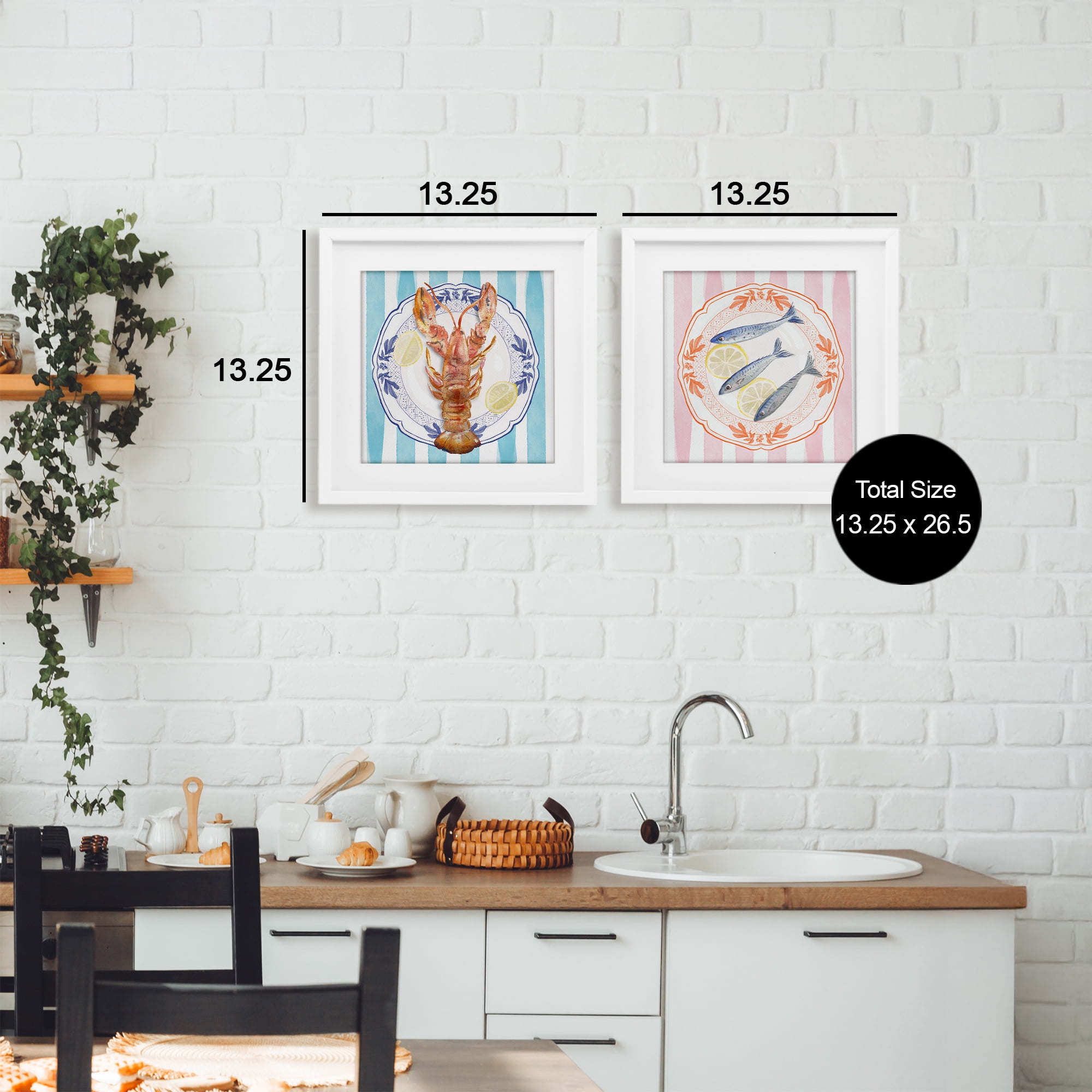 Stupell Industries Lobster & Sardines Plates 2 Piece White Framed Print Under Glass Set, design by Christie Adams