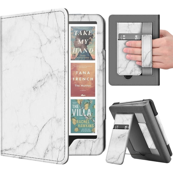 Stand Case for Kindle Paperwhite 12th Generation 2024 / Kindle Colorsoft Signature Edition with Hand Strap & Card Slot - 7" PU Leather Protective Folio Cover with Auto Wake/Sleep, Marble White