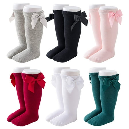 

LEZMORE Baby Girls Knee High Socks 3/6 Pack Bow Long Stockings Infants Toddlers Ruffled Socks Multicolor Set Baby Socks