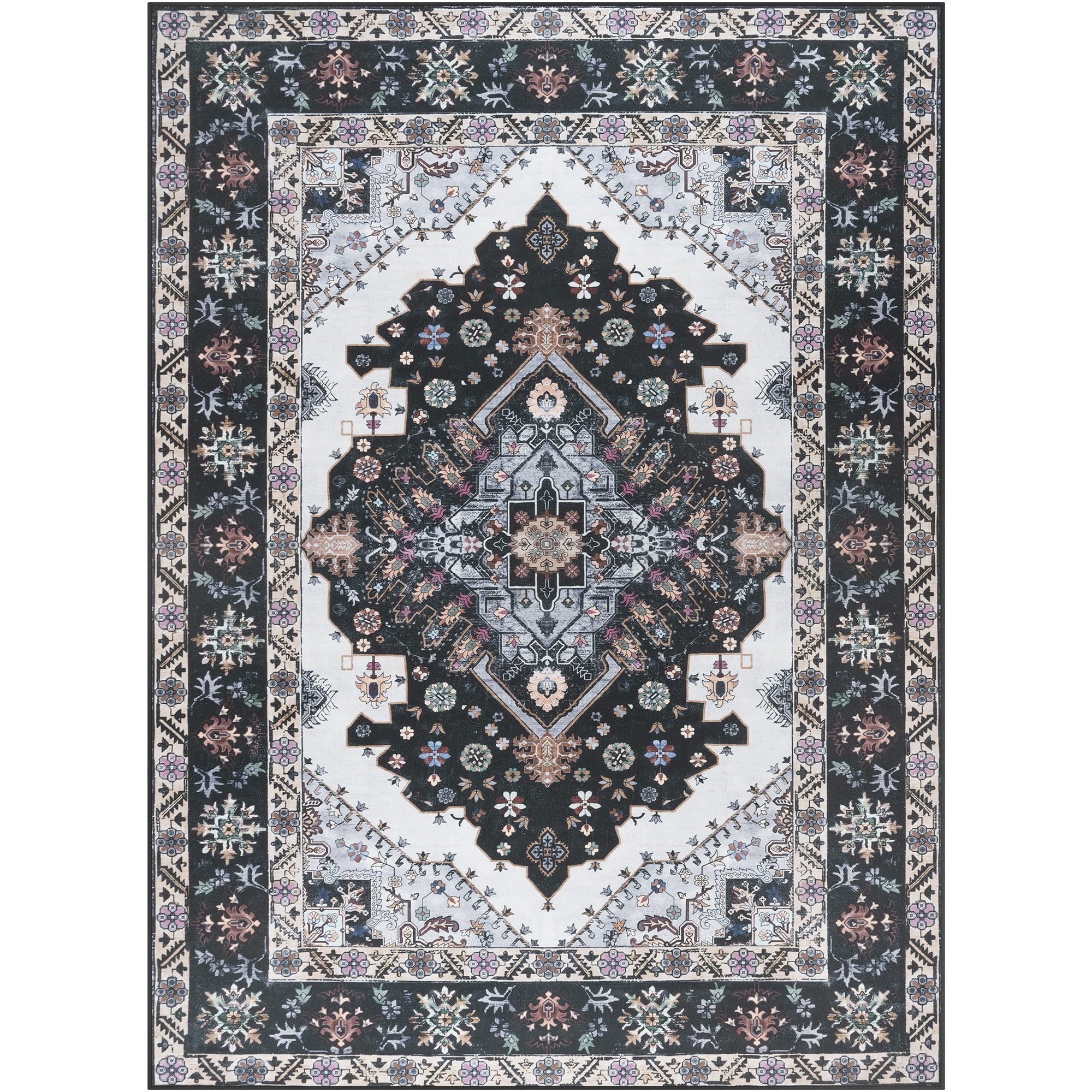 Wondo 7x10 Black Area Rug - Machine Washable Non-Slip Rubber Backing, Low Pile Vintage Carpet for Living Room Bedroom Kitchen Dining Office