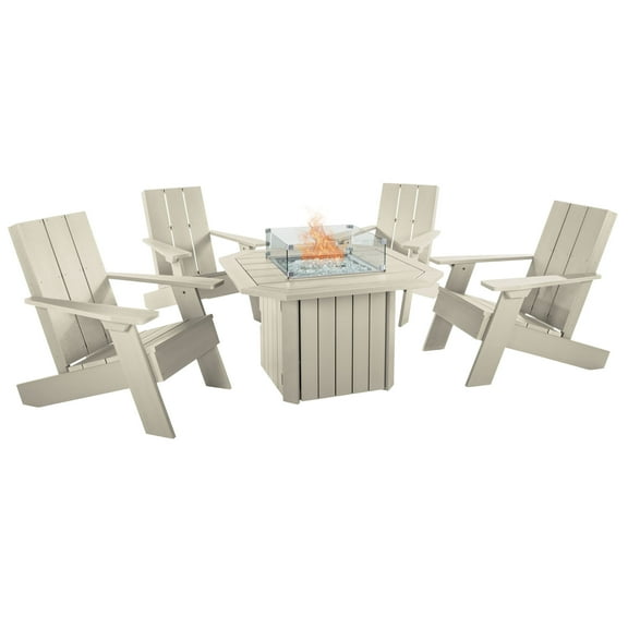 Highwood's Italica Modern Adirondack 5pc Conversation Set with Highwood's 40" Oasis Outdoor, Propane Gas, Fire Pit Table - 55,000 BTU