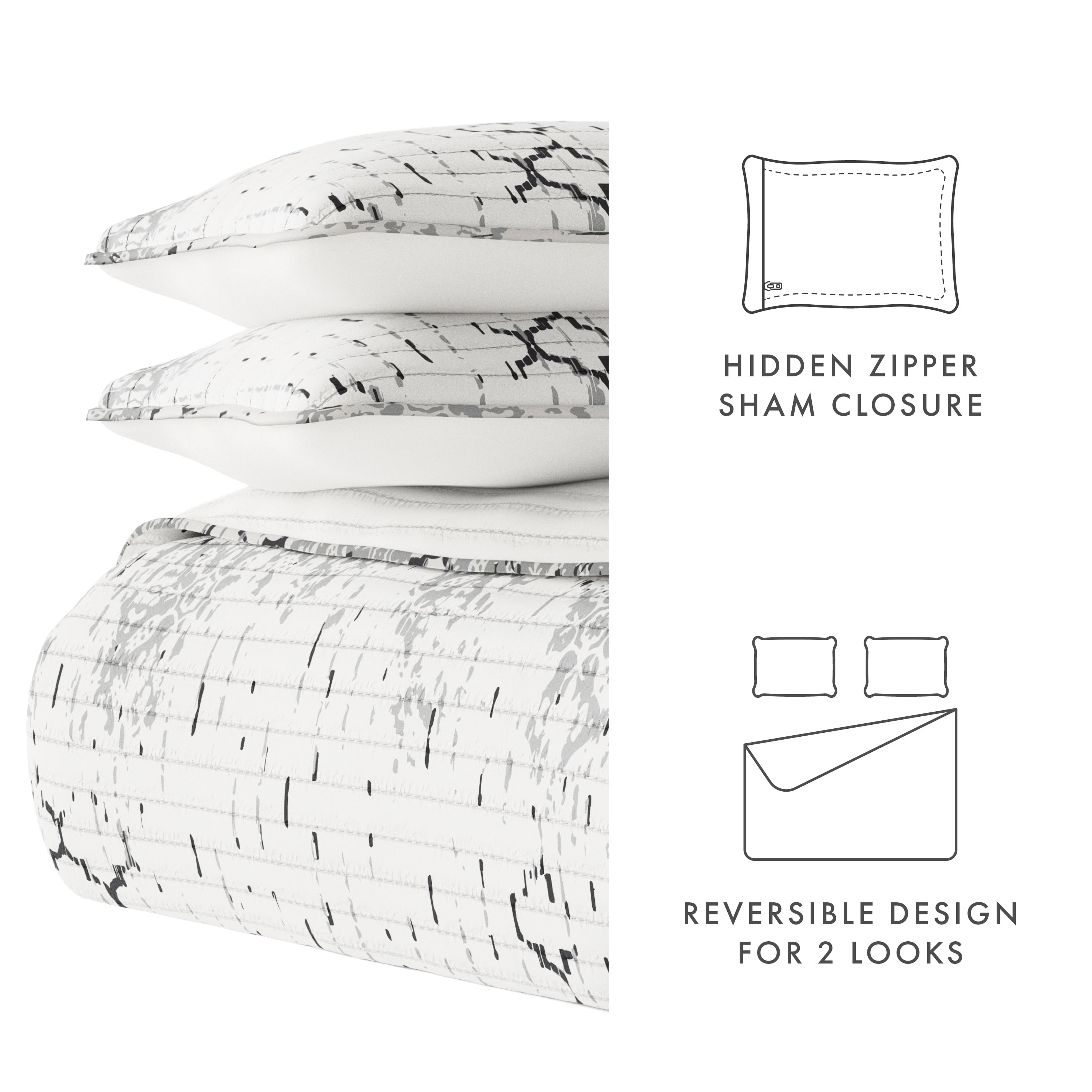 Noble Linens Light Grey 3 Piece Distressed Aztec Reversible Microfiber Quilt Set, Queen / Full