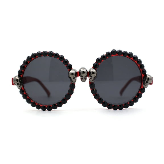 Rhinestone Death Metal Skull Trim Round Circle Lens Plastic Sunglasses Red Black