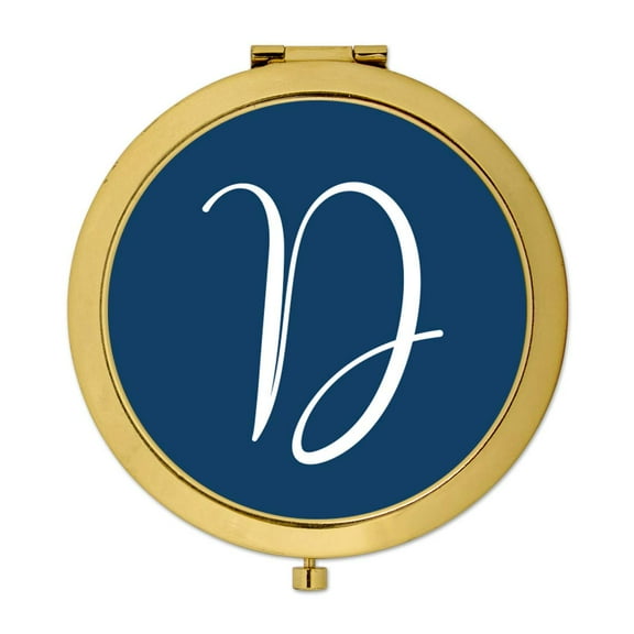 Koyal Wholesale Gold Compact Mirror Bridesmaid's Wedding Gift, Navy Blue, Monogram Letter D, 1-Pack