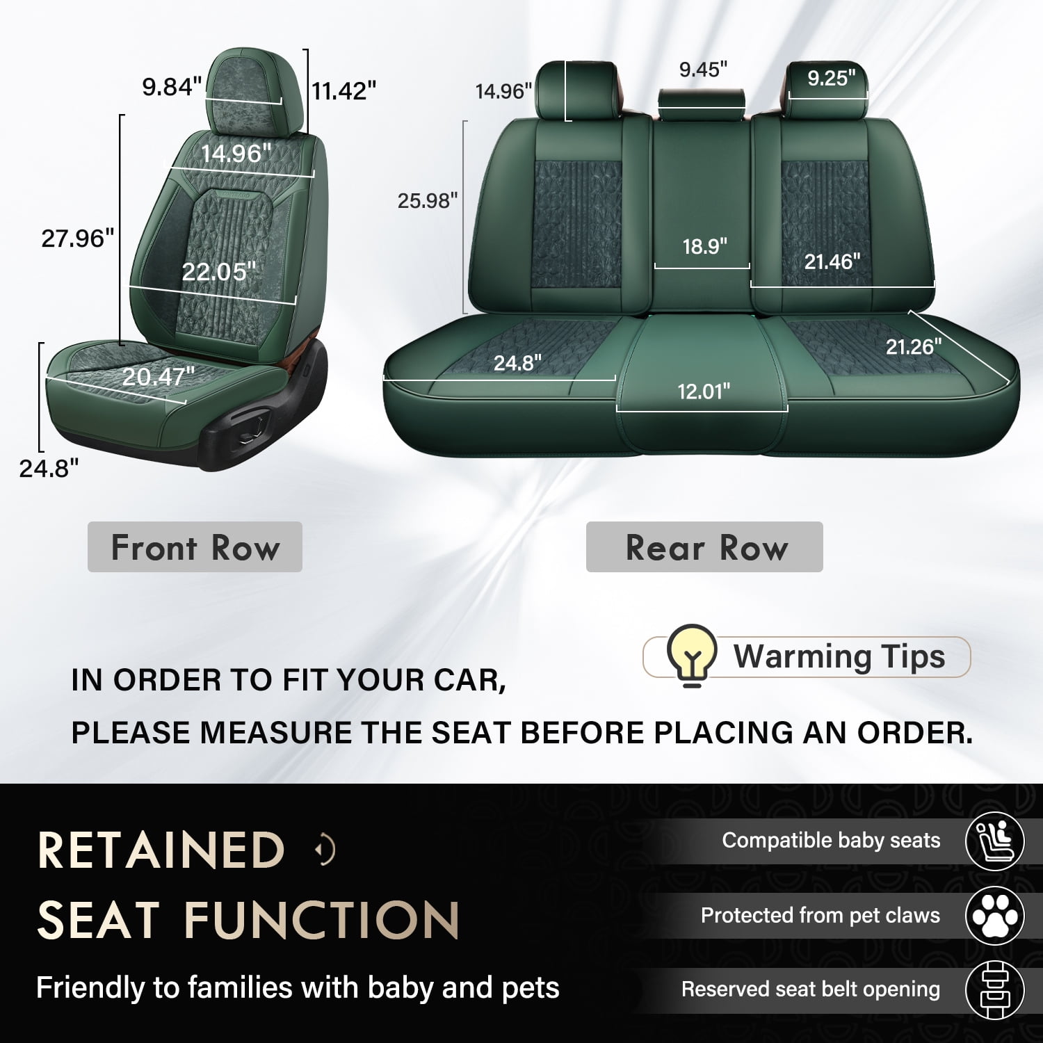 Coverado Full Set Car Seat Covers, Front and Back Seat Protectors, Faux Leather & Flannel Fashion Auto Accessories, Universal Fit Most Cars, SUVs Pickup Trucks, Green