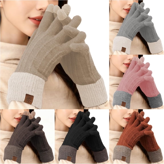 Ticikt Women’s Knit Gloves, Fleece‑Lined Color Block Touch‑Screen Warm Gloves for Outdoor Cold Weather,Khaki